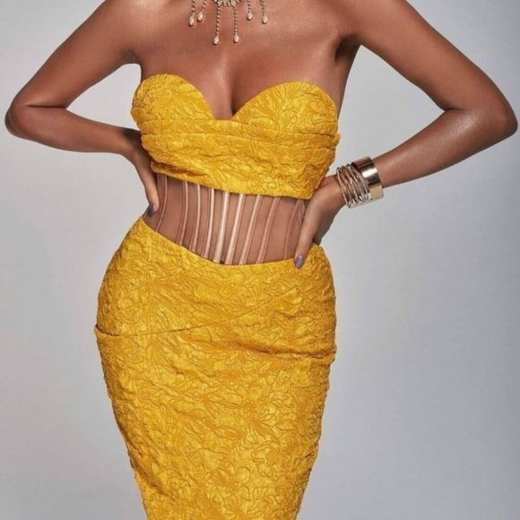 Dresses & Skirts - Jacquard Yellow Strapless Corset Midi Bodycon Cocktail Party Dress M